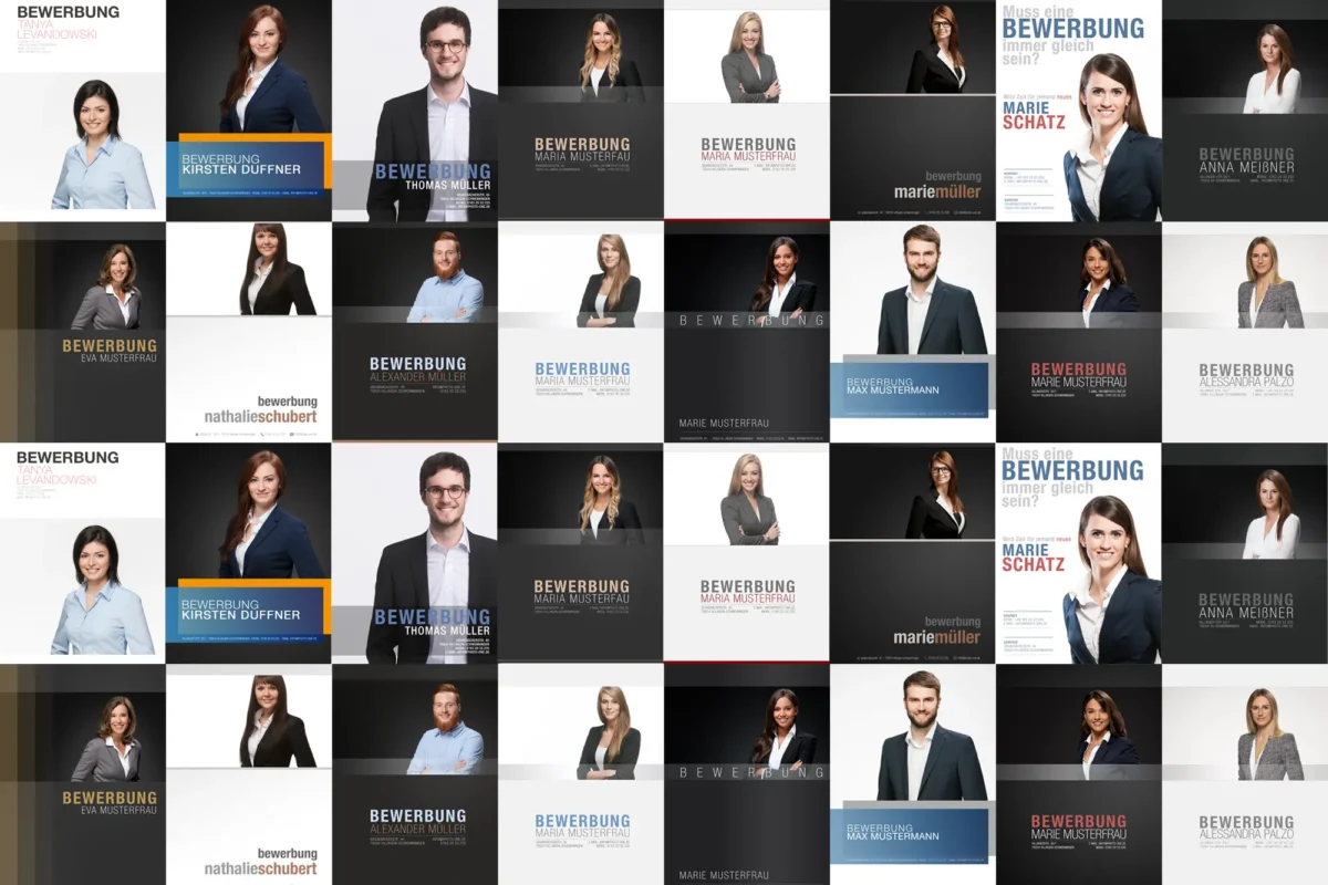 Collage mit zahlreichen modernen und klassischen Deckblättern für Bewerbungen in verschiedenen Designs und Farbstilen