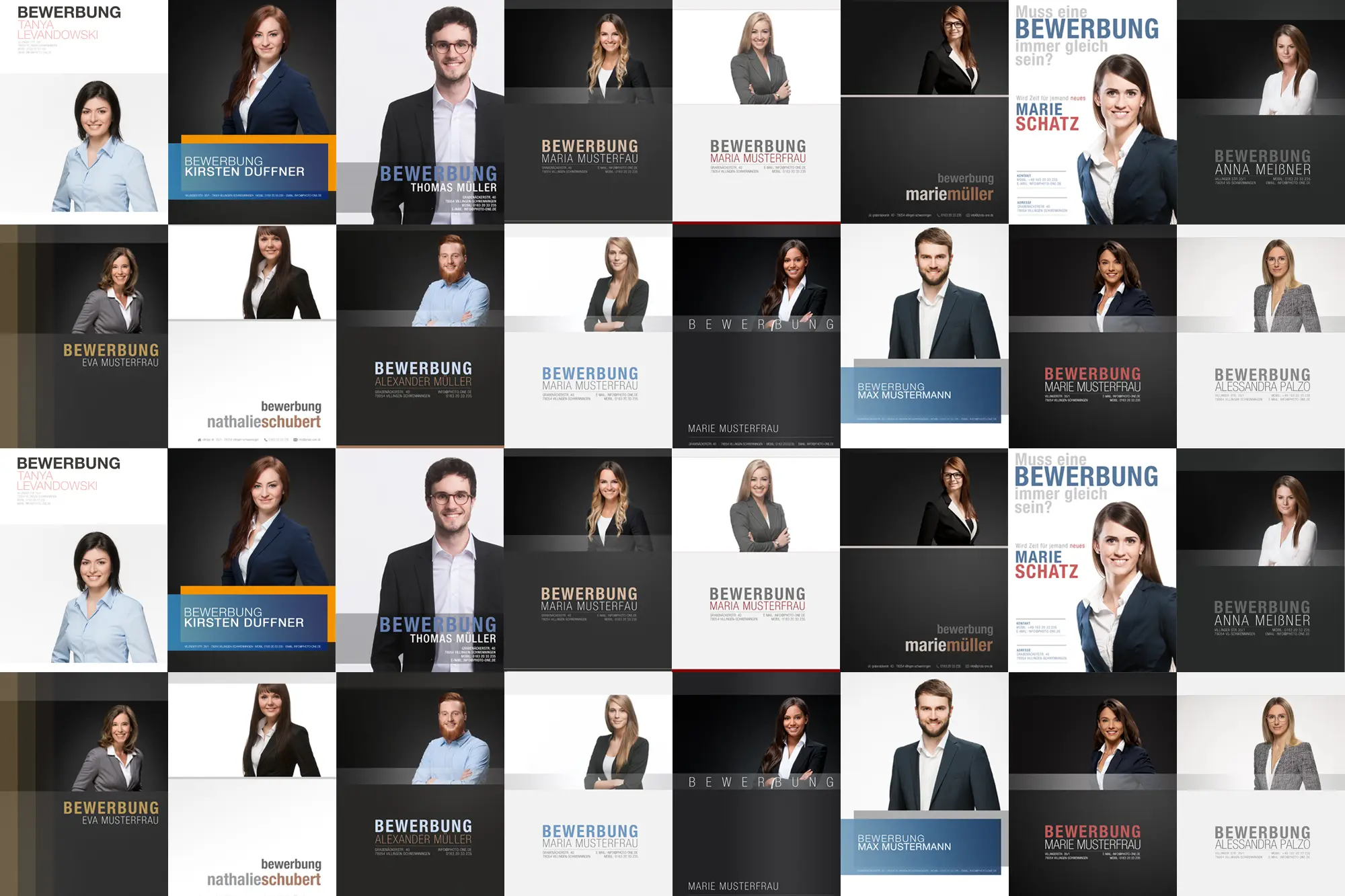 Collage mit zahlreichen modernen und klassischen Deckblättern für Bewerbungen in verschiedenen Designs und Farbstilen