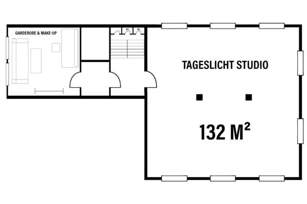 Grundriss des Fotostudios mit Tageslichtbereich, Garderobe und WC